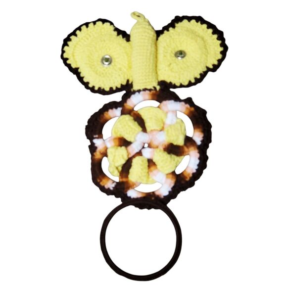 Vintage Crochet Yellow Brown 70s Owl Wall Hanging Towel Holder Boho Towel Ring - Picture 2 of 3